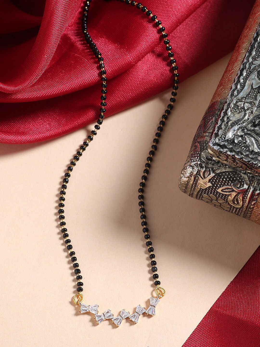 

Shoshaa Gold-Plated Black & White Stone-Studded Beaded Mangalsutra