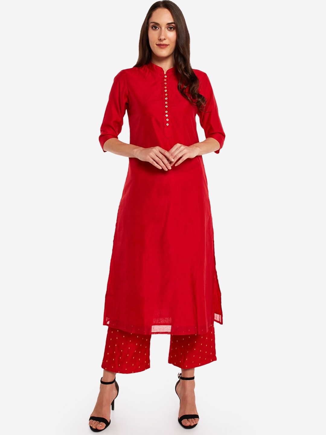 

Desi Weavess Women Red Solid Kurti with Palazzos