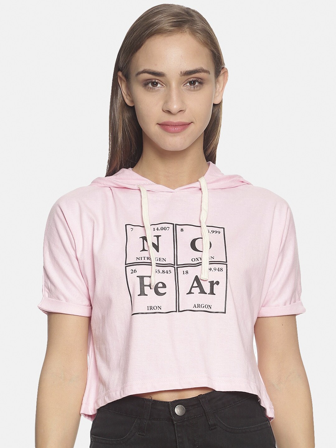 

Campus Sutra Women Pink Printed Hooded Crop Knitted Pure Cotton Top