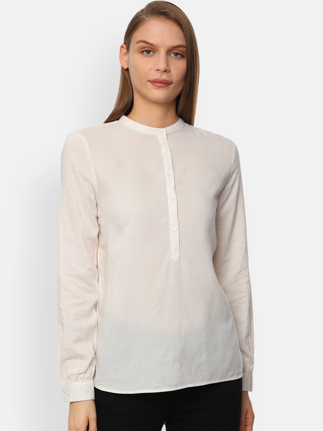 

Van Heusen Woman Cream-Coloured Self Design Formal Shirt