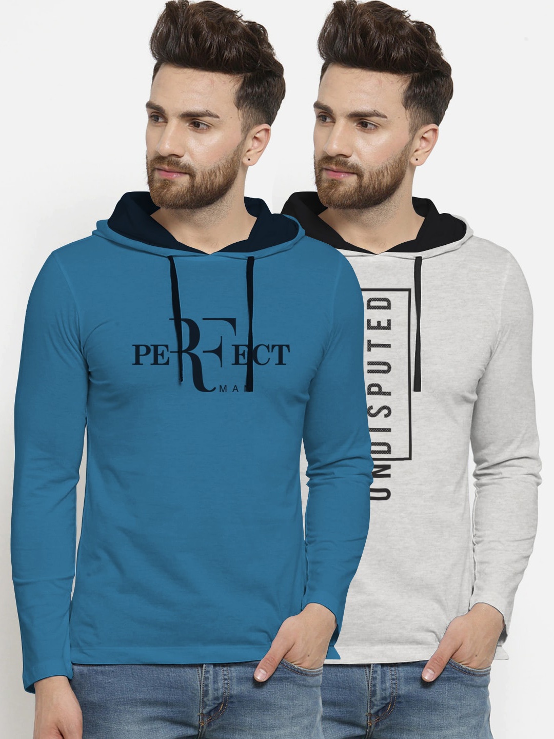 

BULLMER Men Pack of 2 Grey & Blue Printed Hooded Sweatshirts