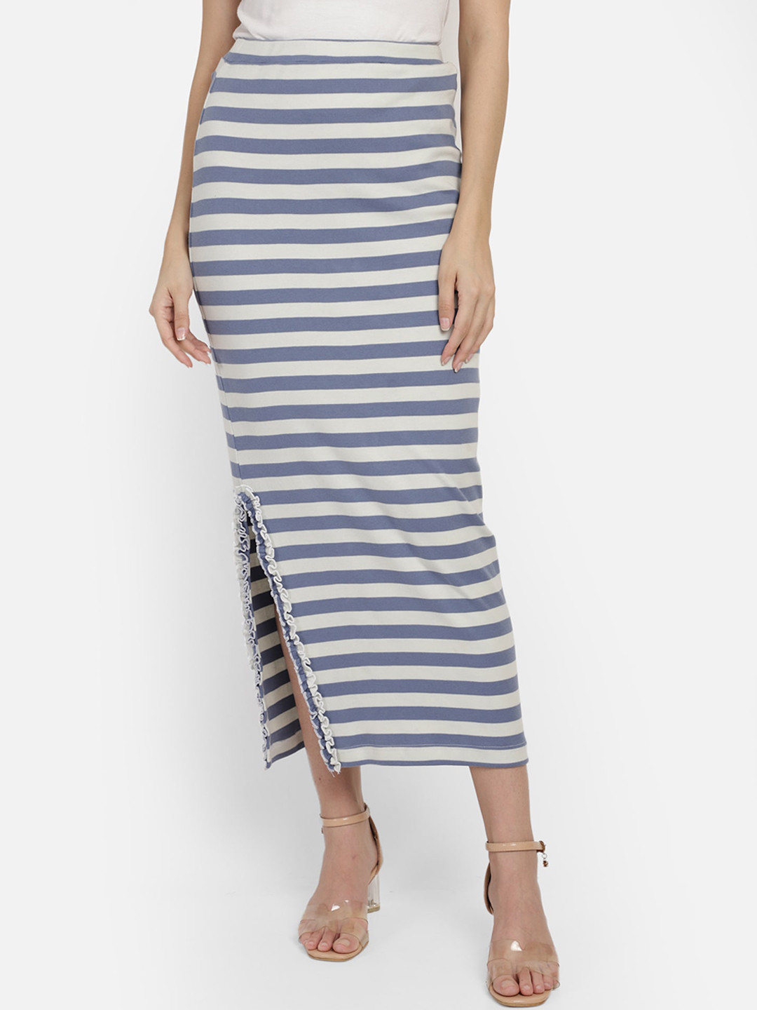 

Yaadleen Women Blue & White Striped Maxi Pure Cotton Skirt