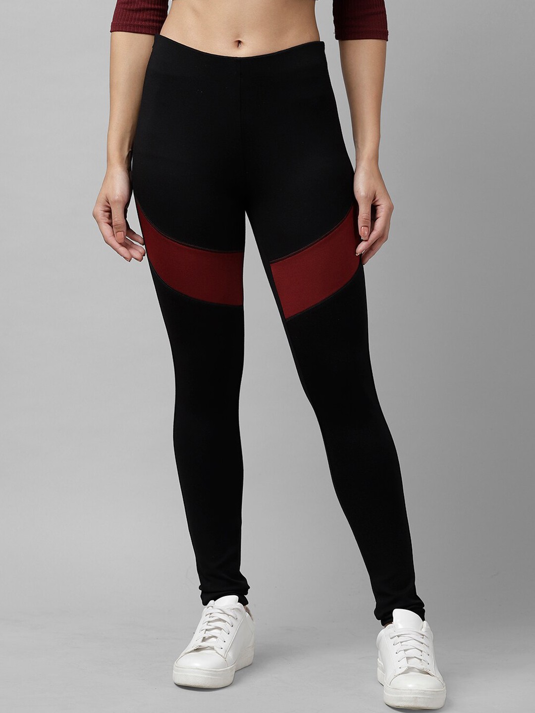 KASSUALLY Women Black & Red Colourblocked Slim-Fit Treggings