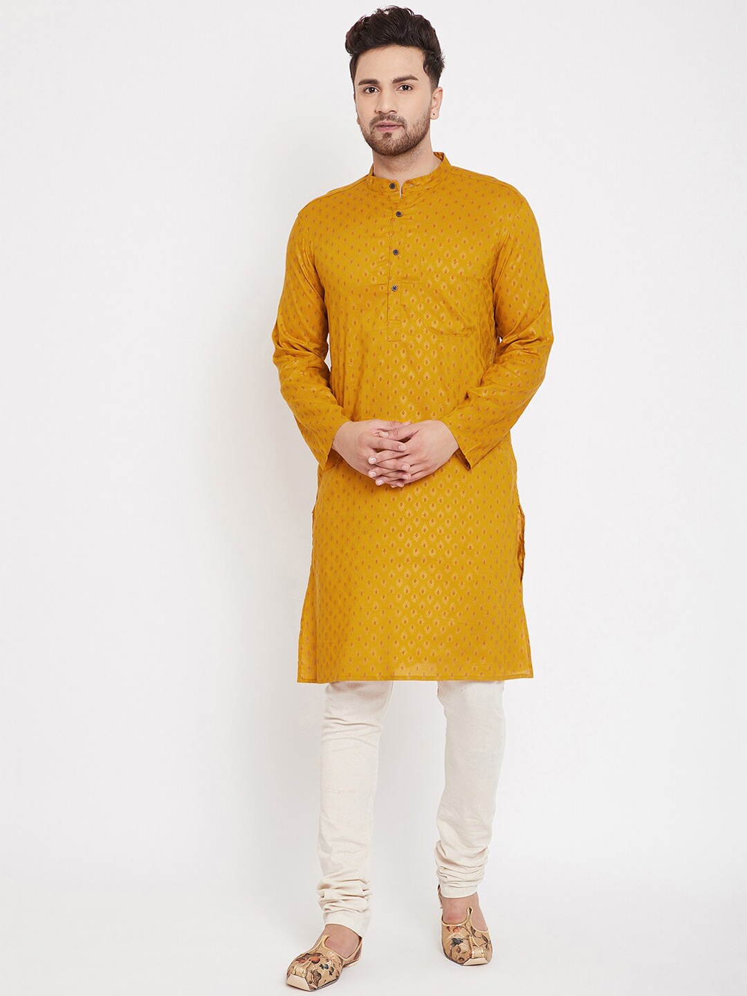 

even Men Mustard Woven Design Pathani Kurta