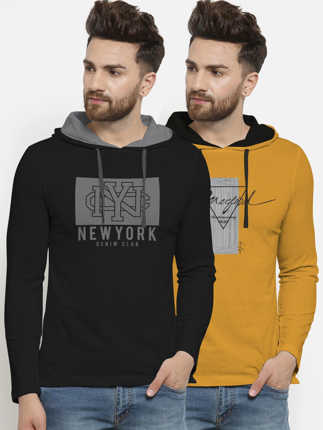 

BULLMER Men Pack Of 2 Printed Hood T-shirt, Yellow