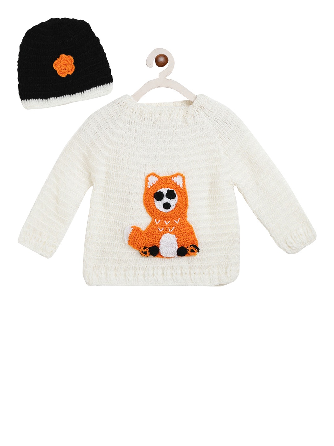 

CHUTPUT Unisex Kids White Self Design Pullover Sweater With Beanie Cap