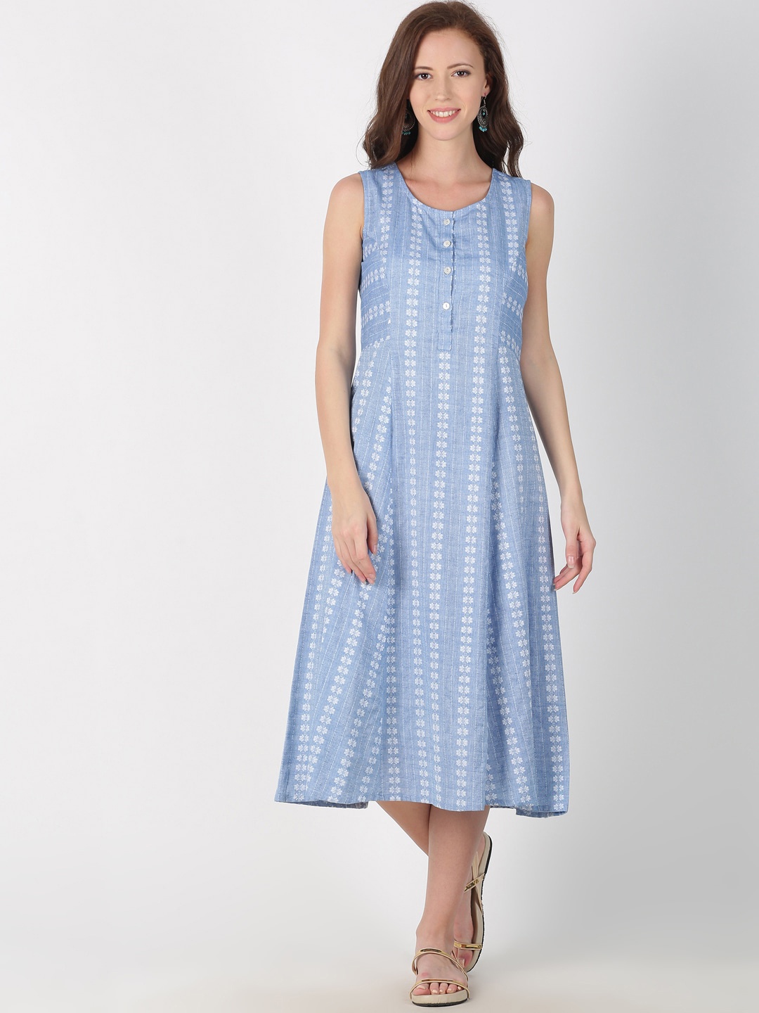 

Saffron Threads Women Blue & White Floral Print A-Line Dress