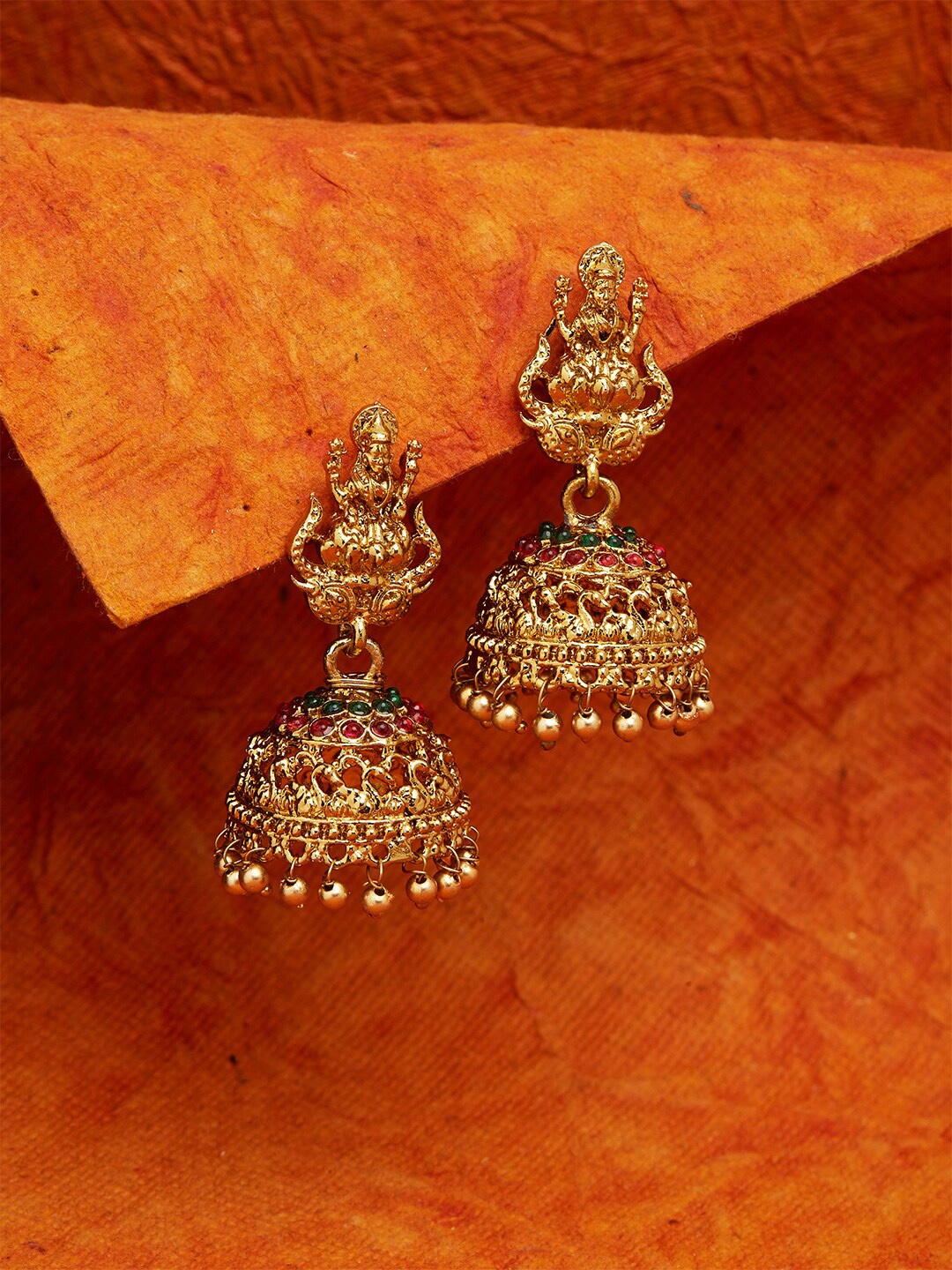 

Fida Gold-Plated & Red Temple Dome Shaped Jhumkas