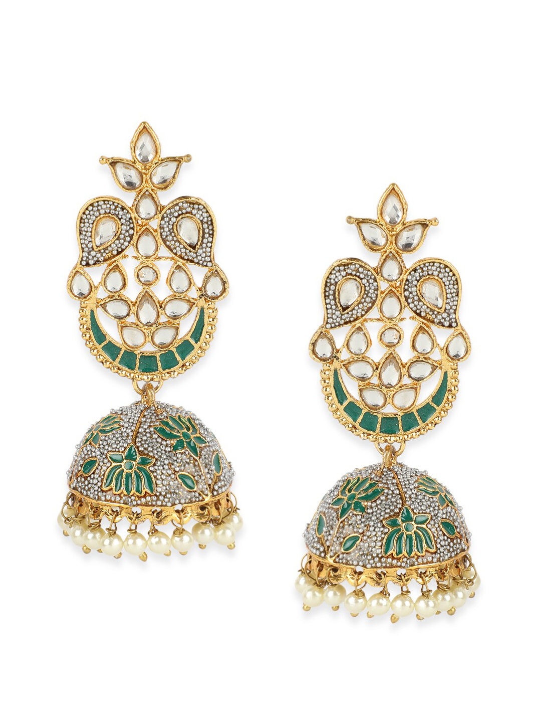 

ANIKAS CREATION Gold-Plated & Green Dome Shaped Jhumkas