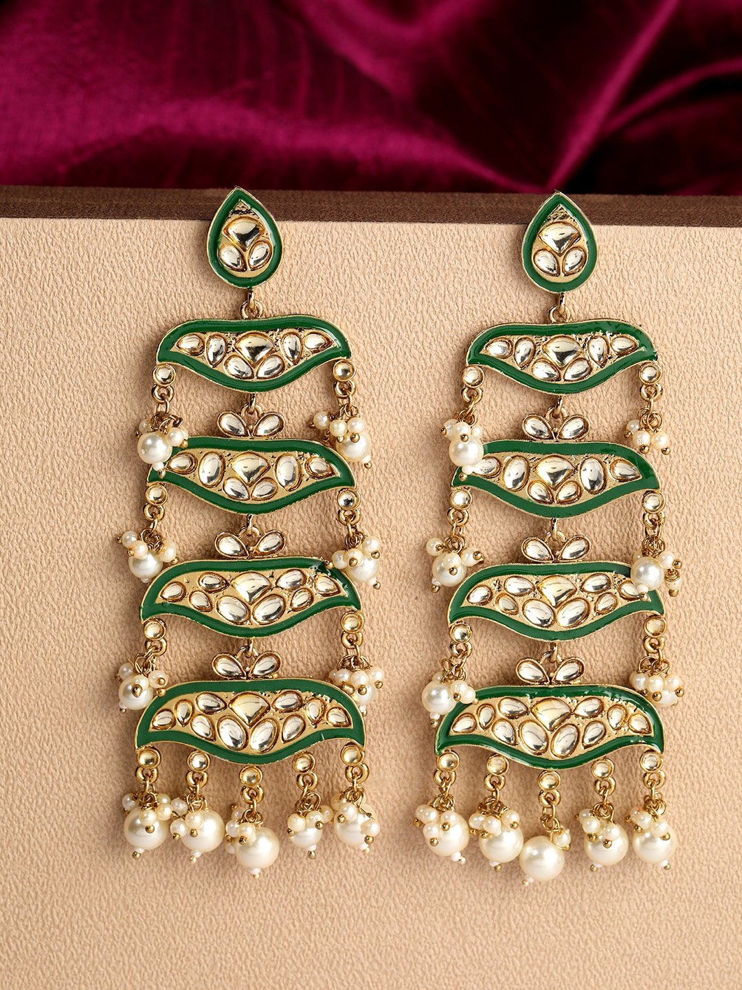 

ANIKAS CREATION Green & Gold-Plated Layered Enamelled Contemporary Drop Earrings