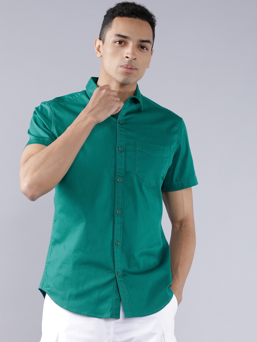 LOCOMOTIVE Men Teal Green Slim Fit Solid Casual Shirt