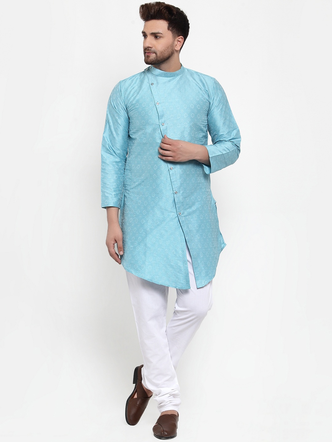 

KLOTTHE Men Turquoise Blue & White Self Design Kurta with Pyjamas