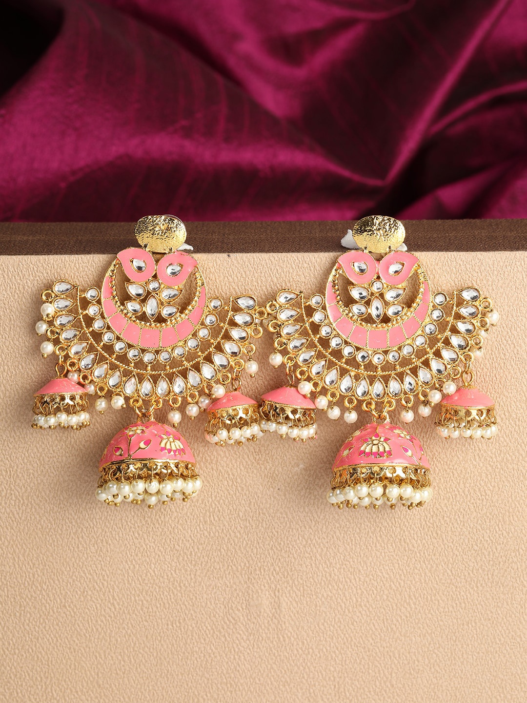 

ANIKAS CREATION Pink & Gold-Plated Meenakari Dome Shaped Jhumkas