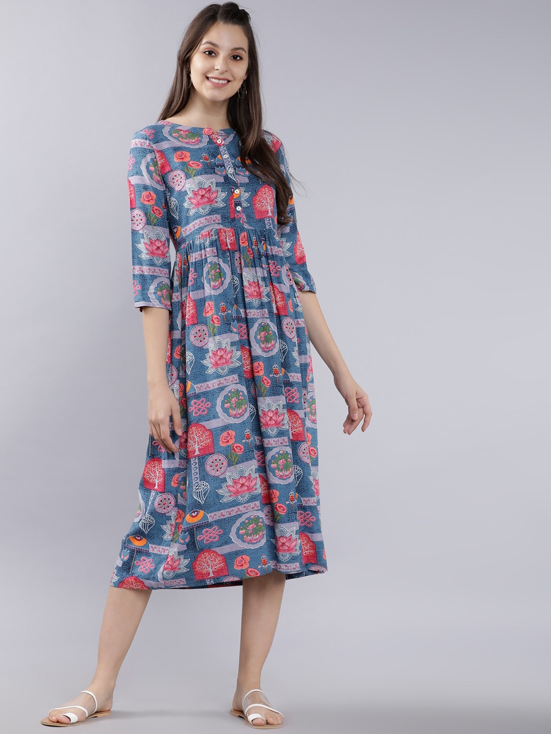 

Vishudh Women Blue & Coral Red Floral Printed Fit and Flare Dress