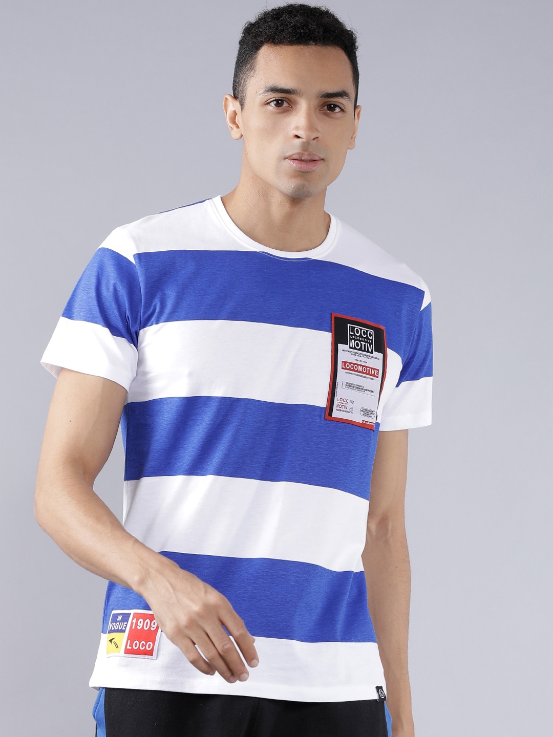 

LOCOMOTIVE Men White & Blue Striped Round Neck T-shirt
