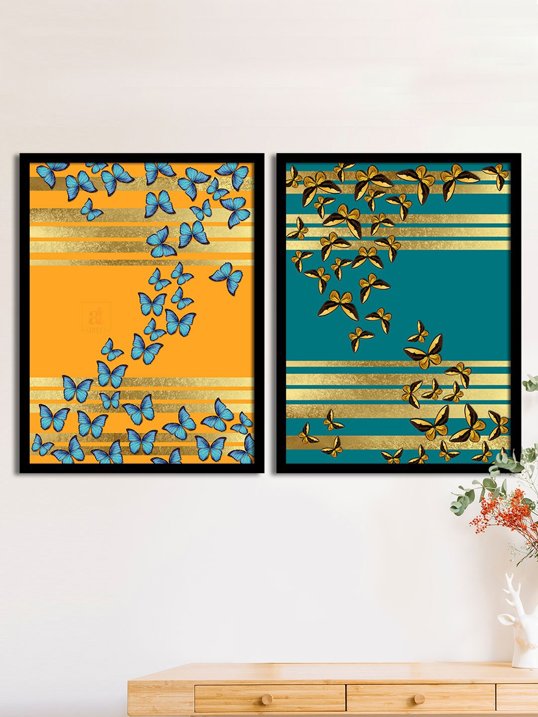 

Art Street Set Of 2 Blue & Yellow Butterflies Matte Printed Wall Arts