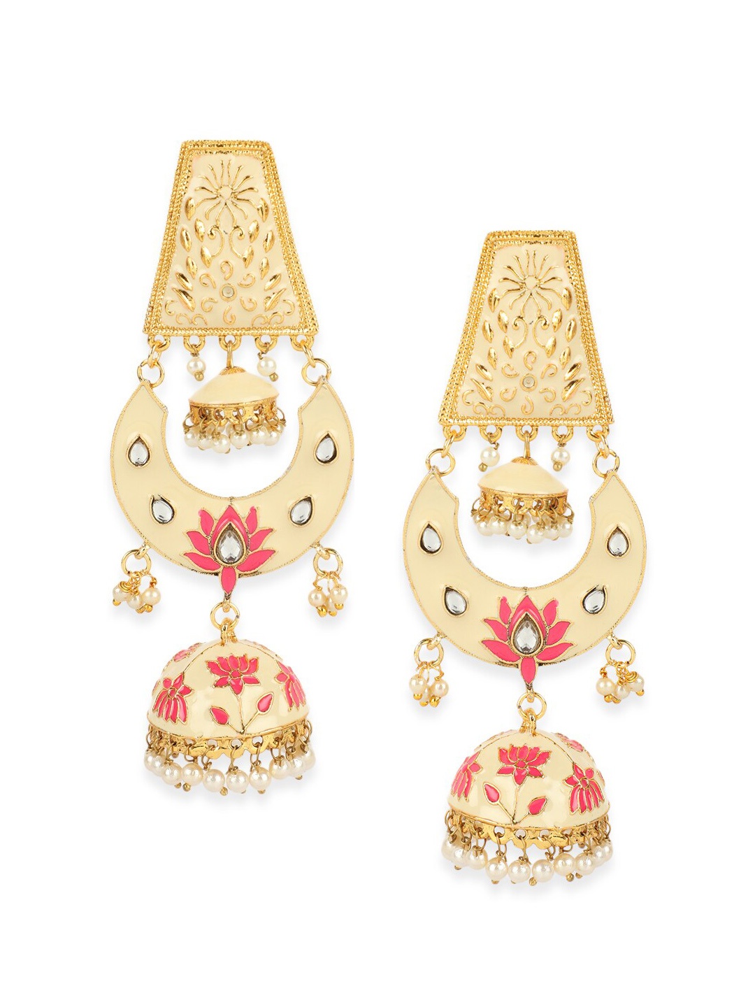 

ANIKAS CREATION Gold-Plated & Off-White Dome Shaped Meenakari Jhumkas