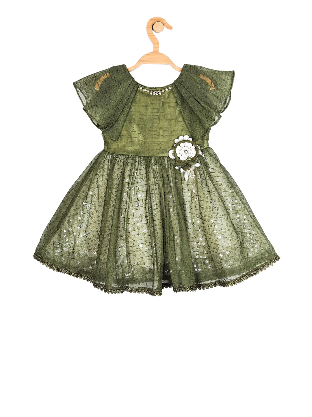 

Peppermint Girls Olive Green Self Design Fit and Flare Dress