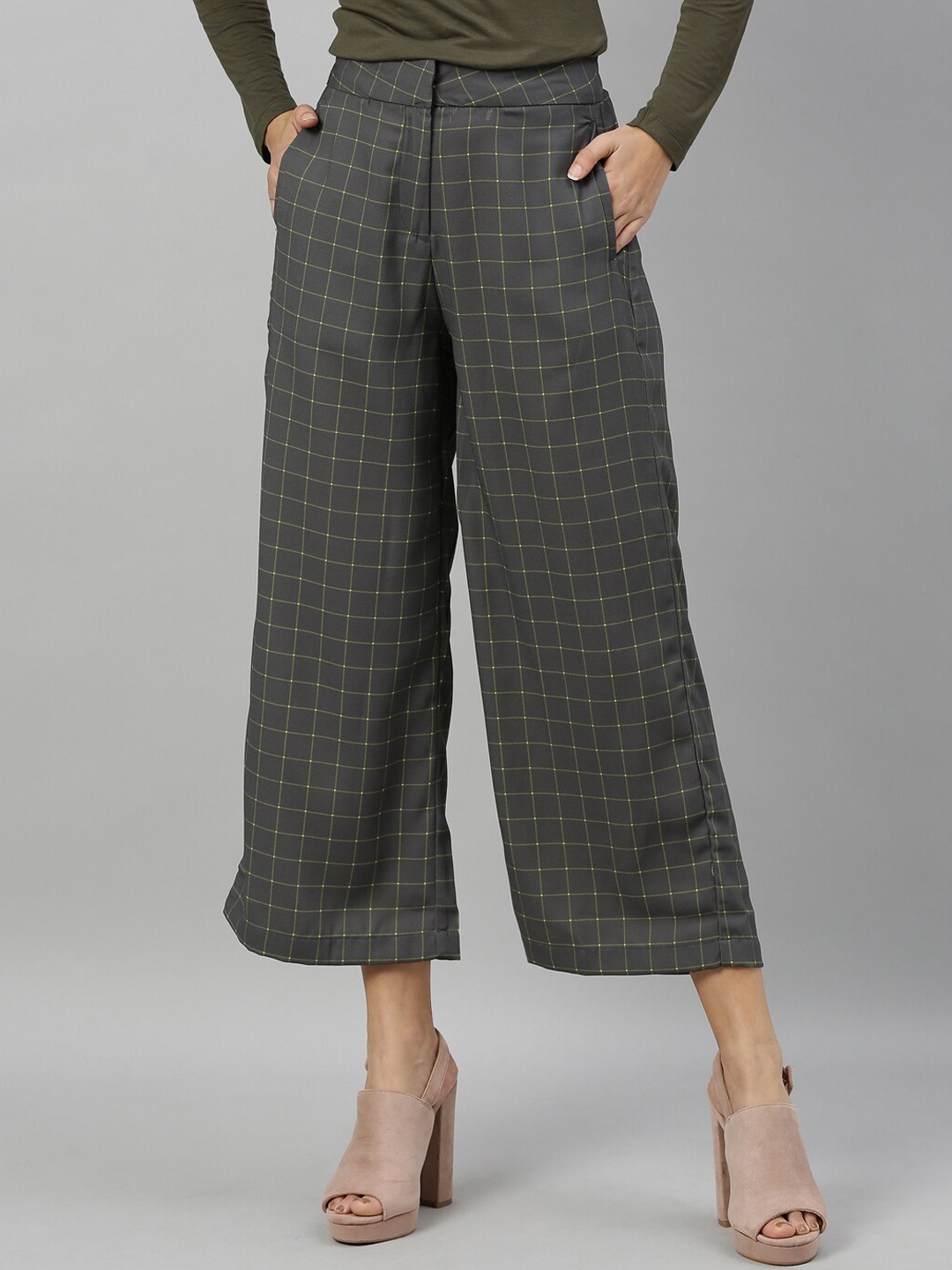 

RAREISM Women Grey & Green Slim Fit Checked Parallel Trousers