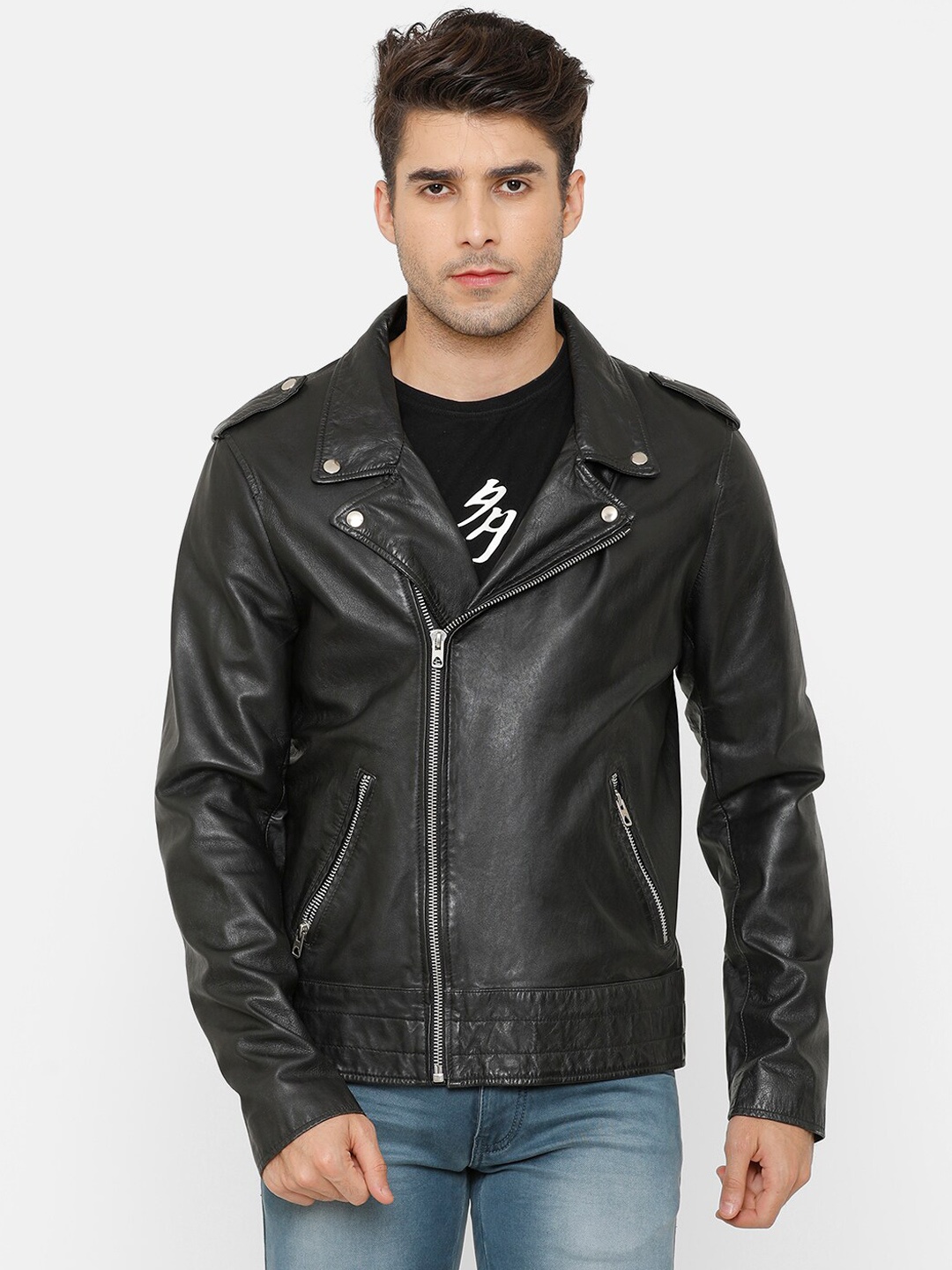 

MONOCHROME Men Black Solid Asymmetric Closure Leather Jacket