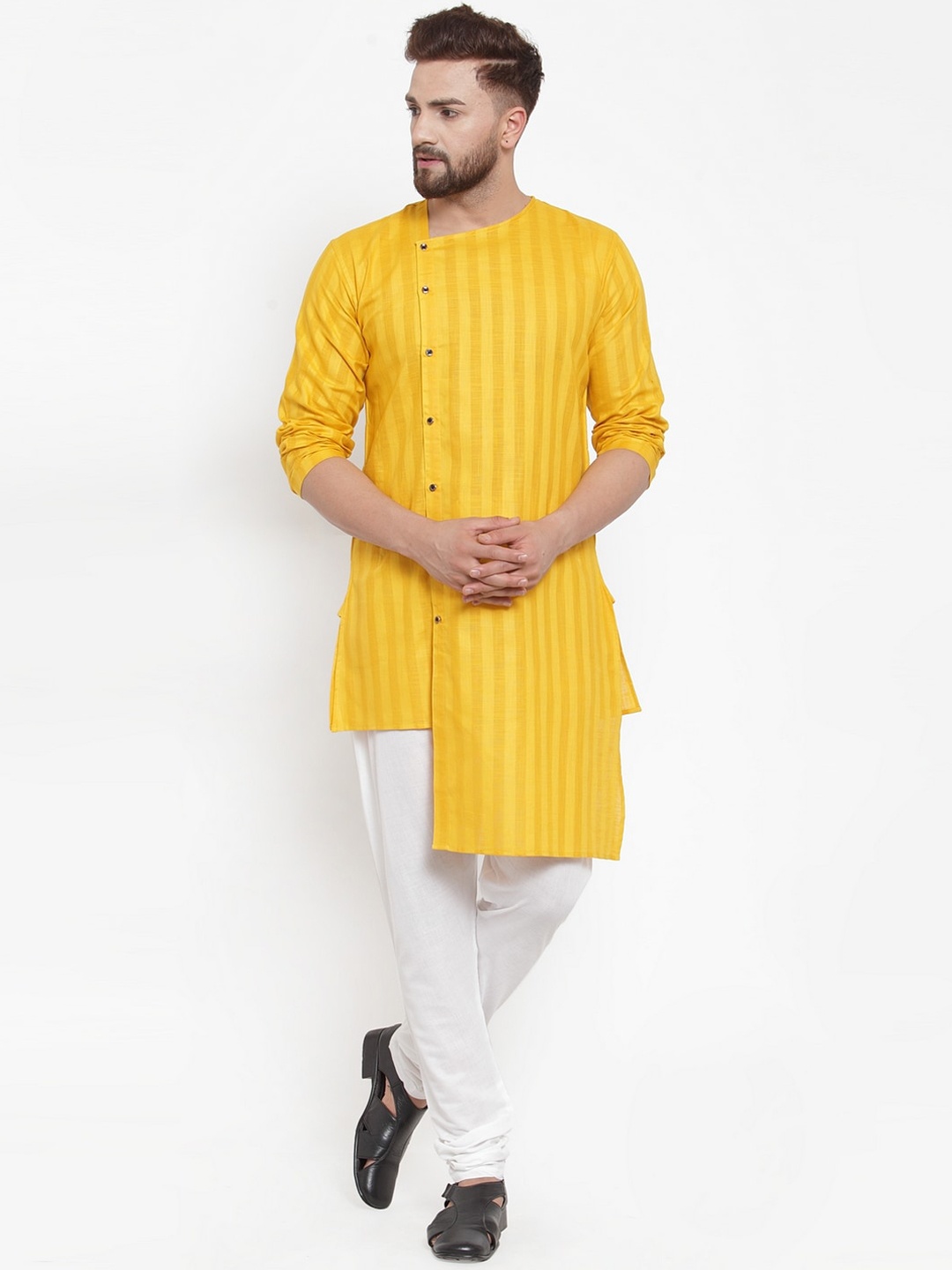 

KLOTTHE Men Yellow & White Striped Kurta with Churidar Pyjamas
