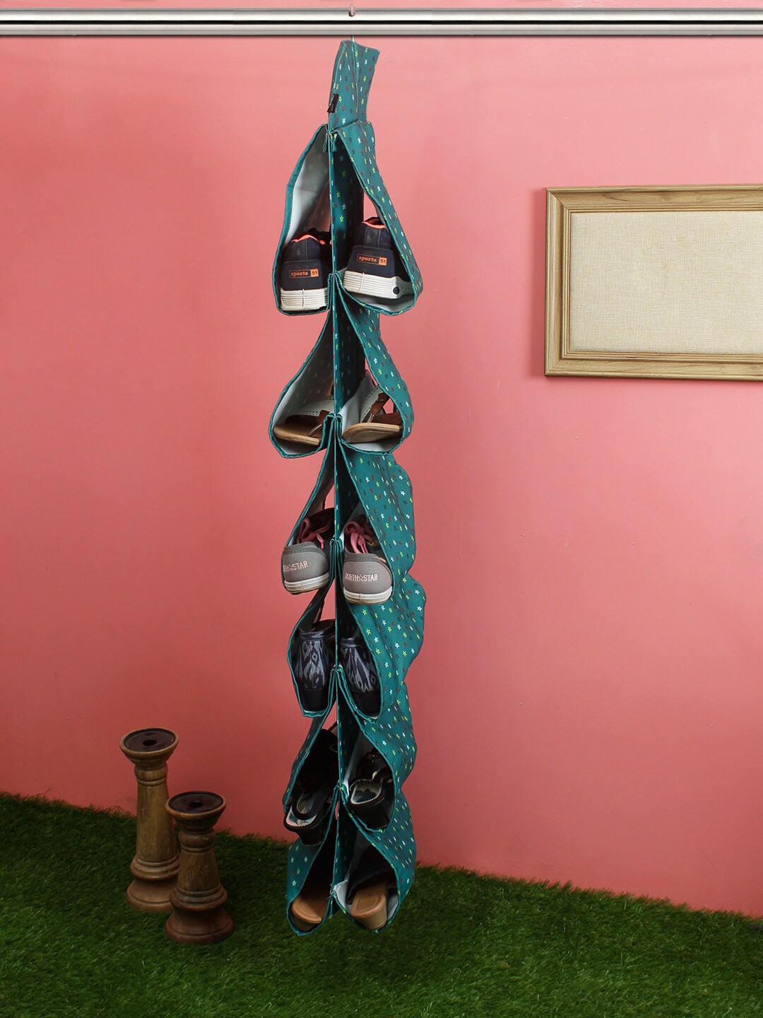 

Soumya Green & Red Printed 12 Compartment Hanging Shoe Organizer