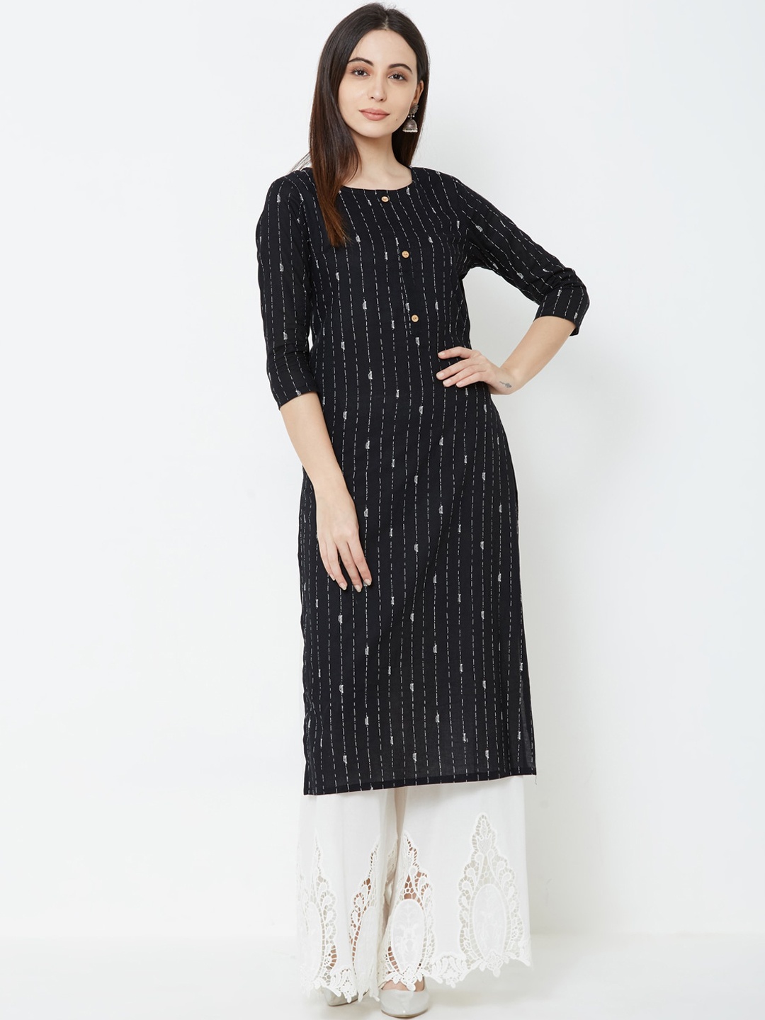 

FASHOR Women Black & White Striped Straight Kurta