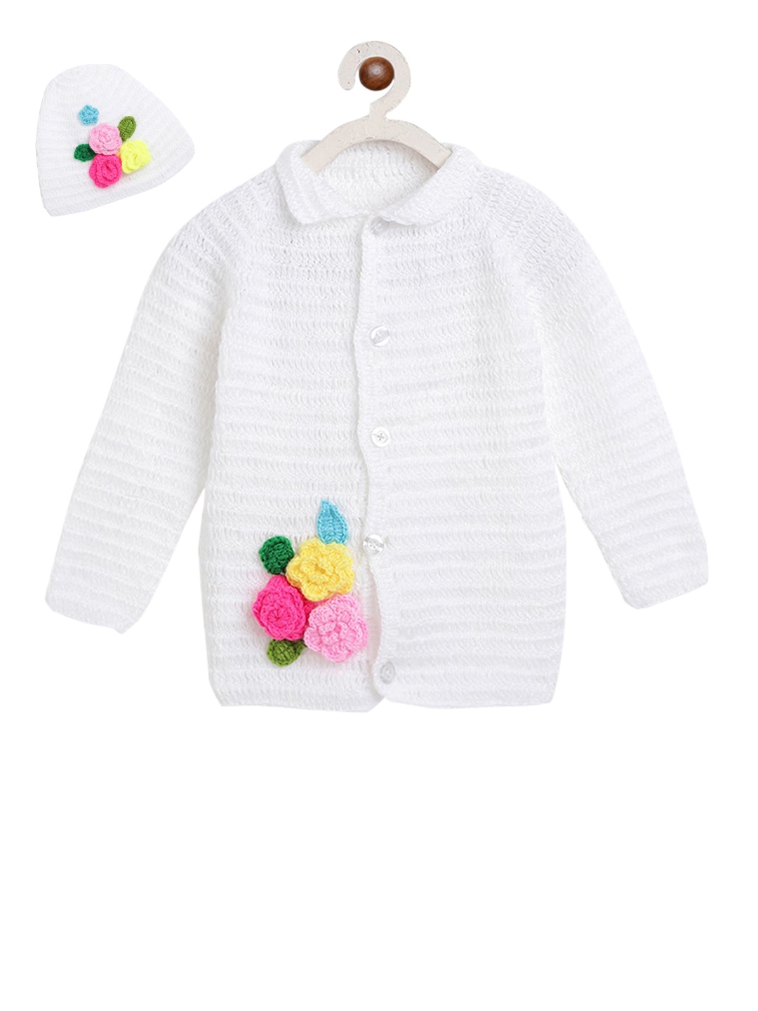 

CHUTPUT Unisex Kids White Self Design Woolen Front-Open Sweater With Beanie