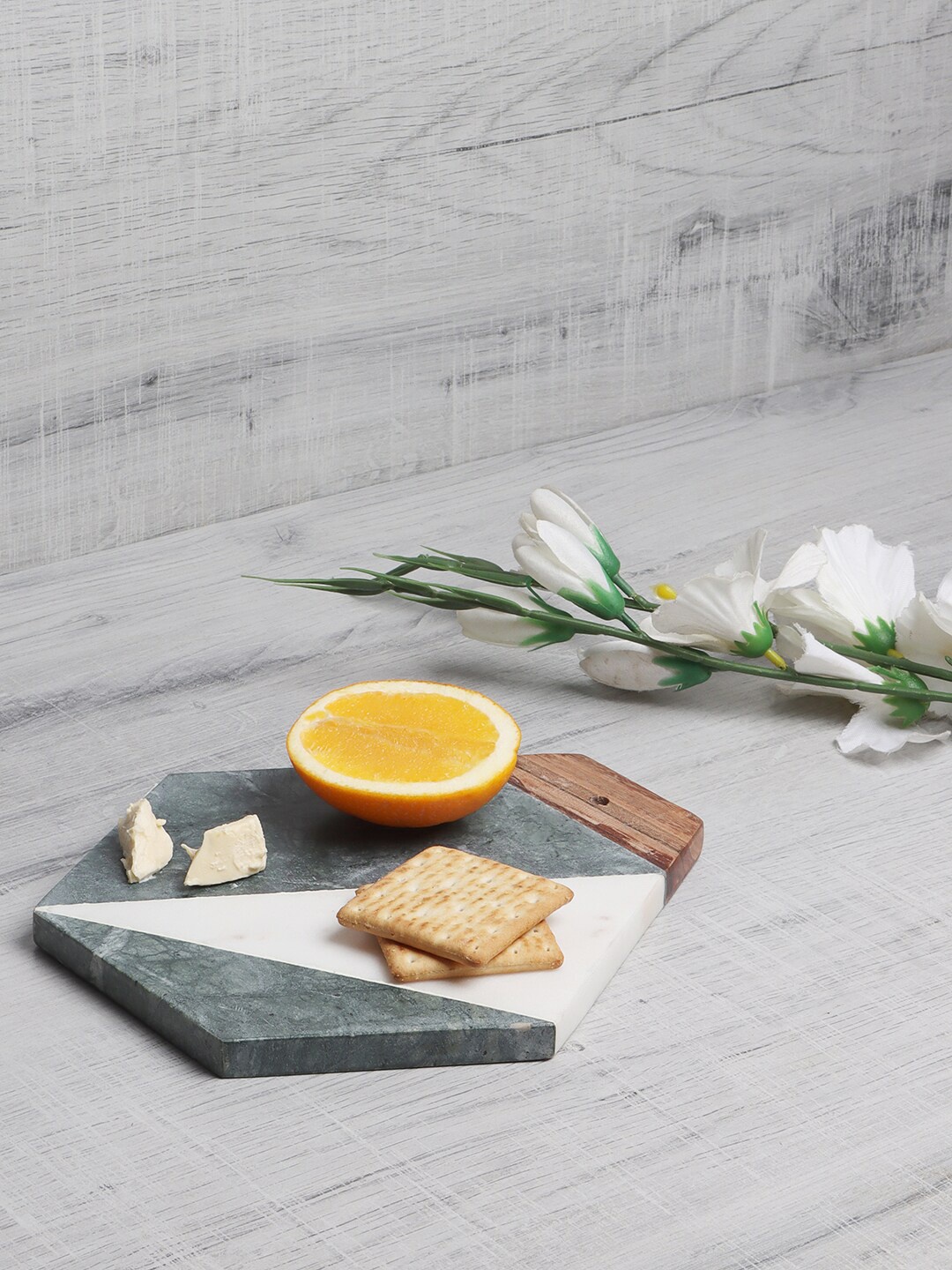 

NikkisPride White & Grey Handmade Marble & Wooden Cheese Board Serving Platter