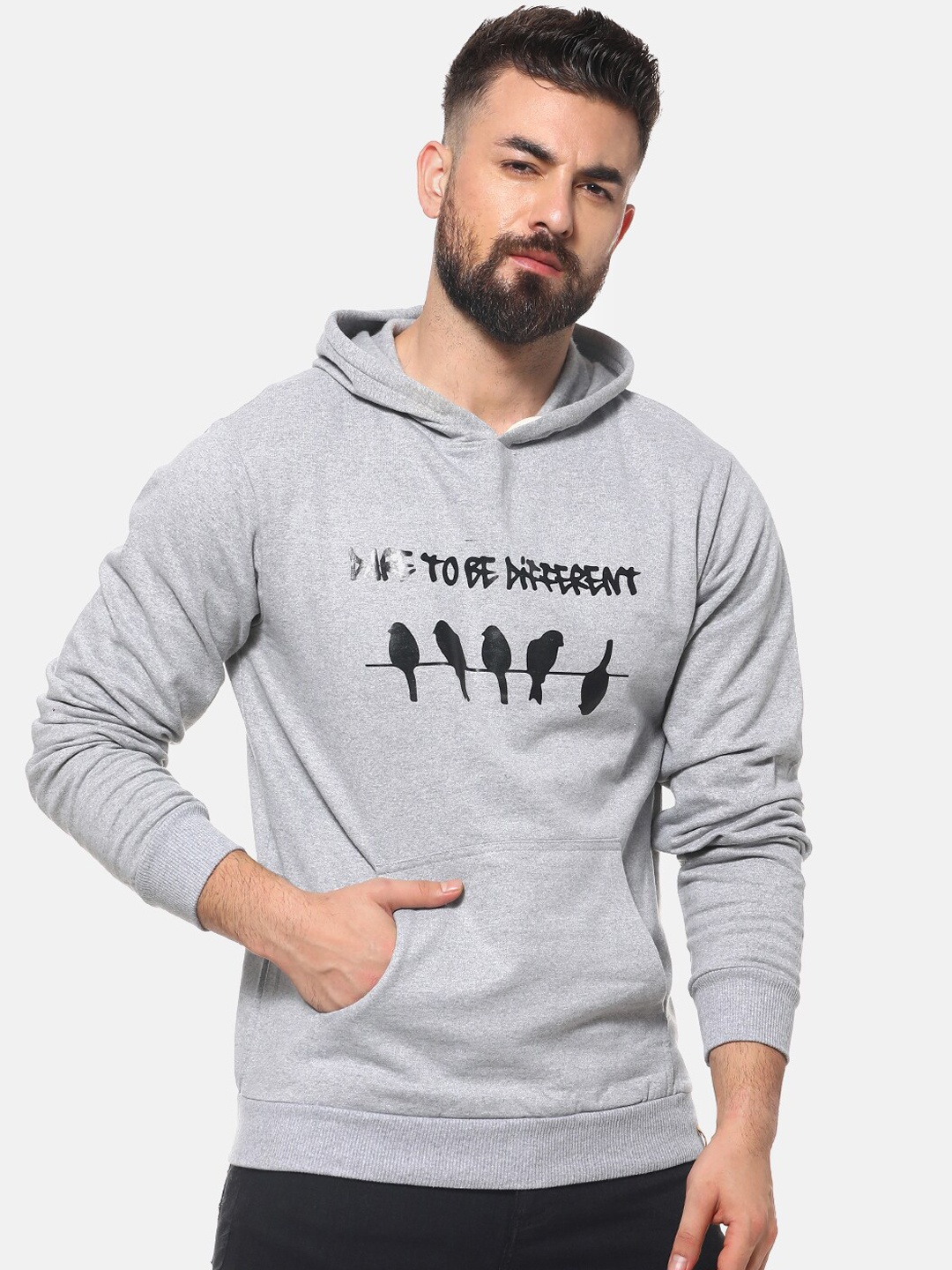 

Campus Sutra Men Grey & Black Printed Hooded Sweatshirt