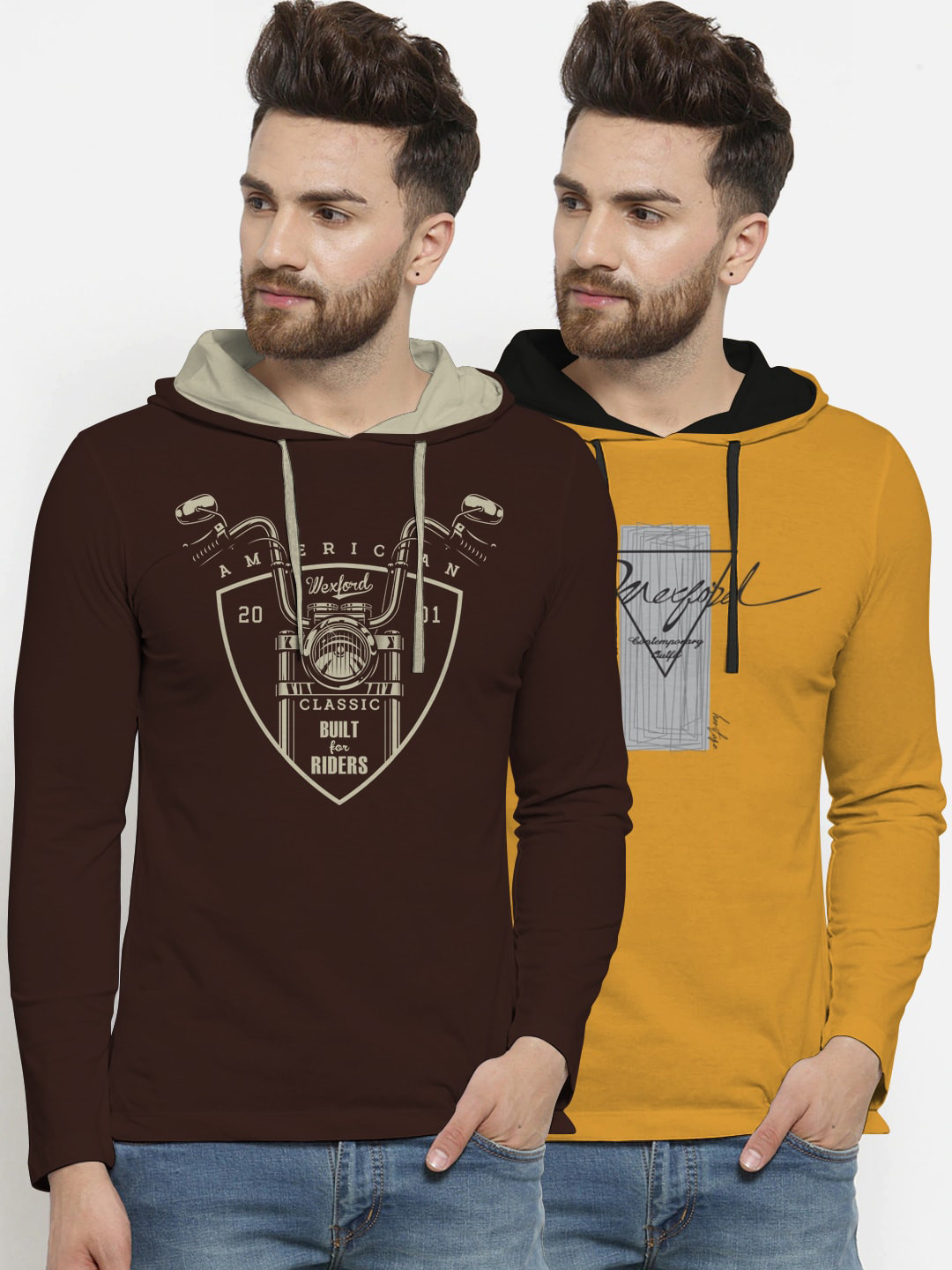 

BULLMER Men Pack Of 2 Printed Hood Pure Cotton T-shirts, Brown