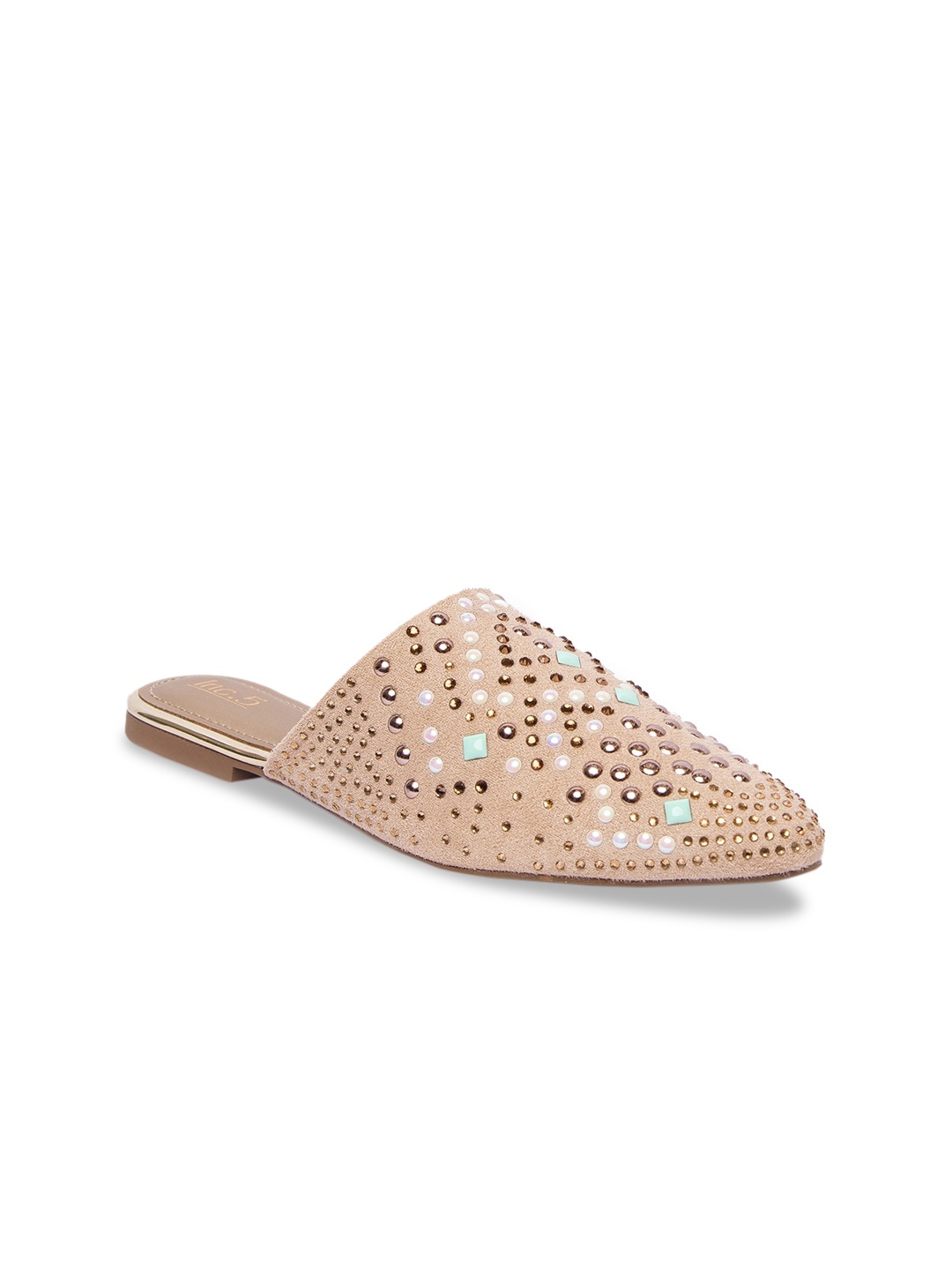 

Inc 5 Women Beige Embellished Synthetic Suede Mules