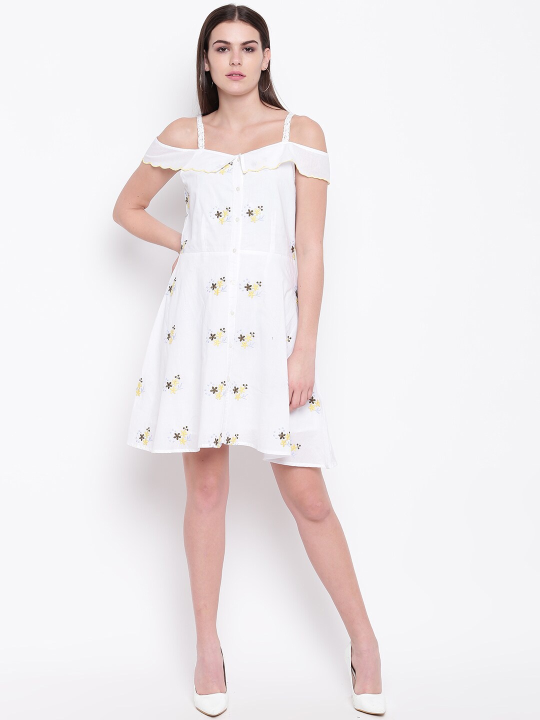 

DODO & MOA Women White Embroidered A-Line Dress
