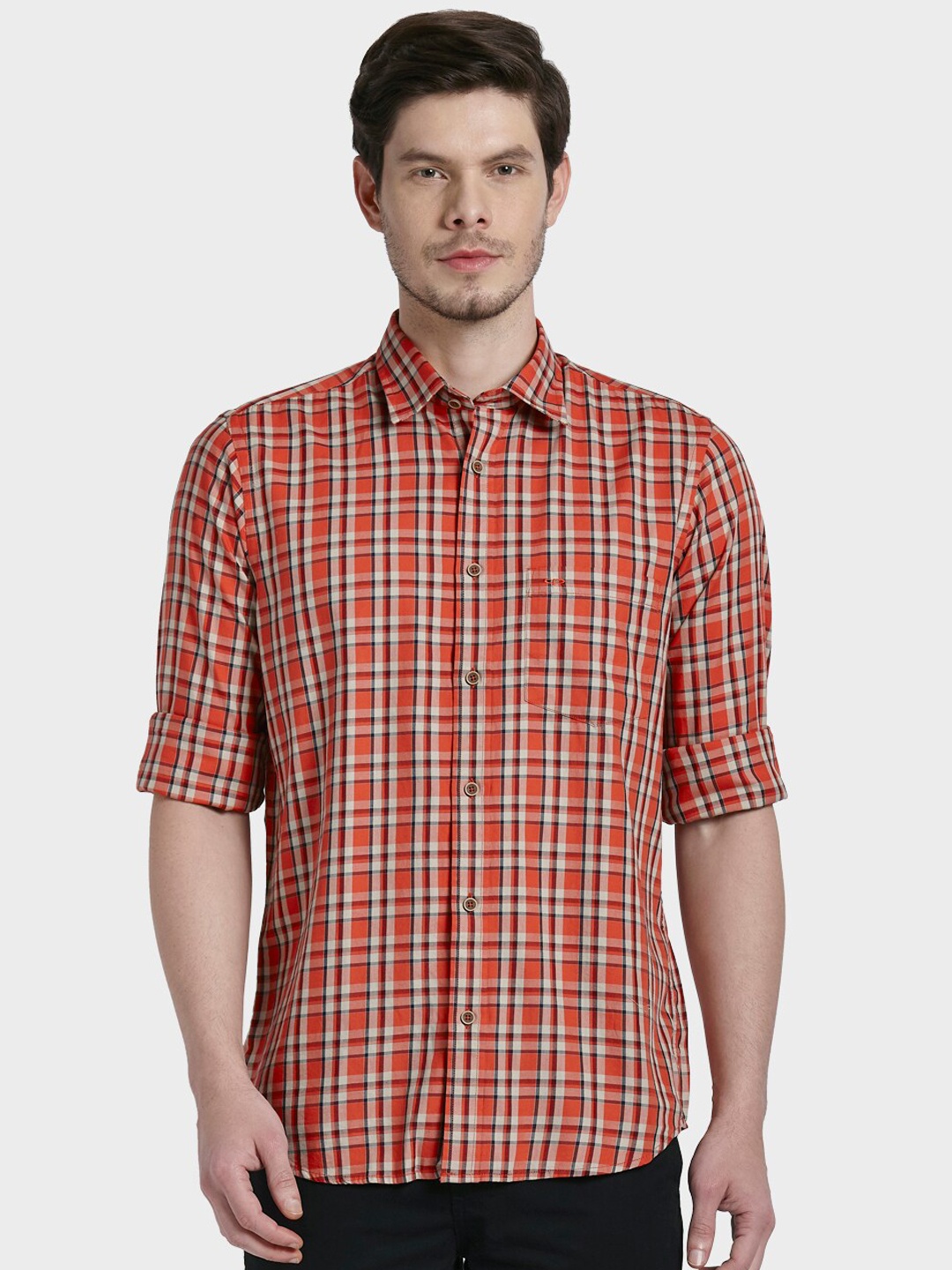 

ColorPlus Men Orange & White Tailored Fit Checked Casual Shirt