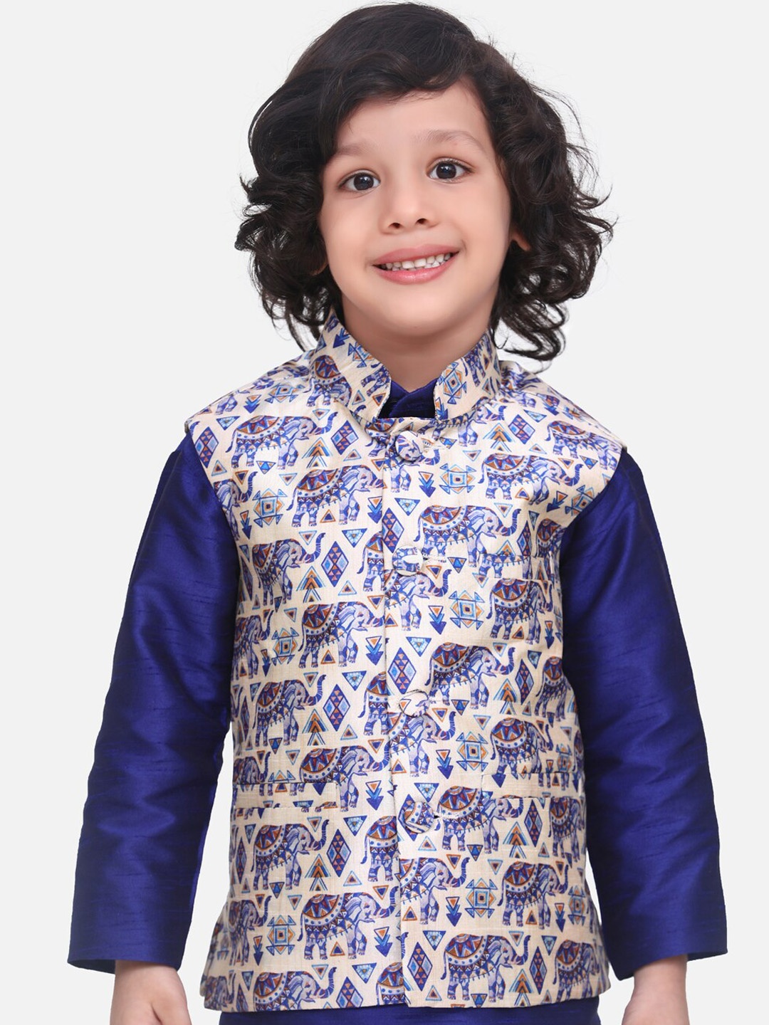 

LilPicks Boys Cream-Coloured Printed Nehru Jacket