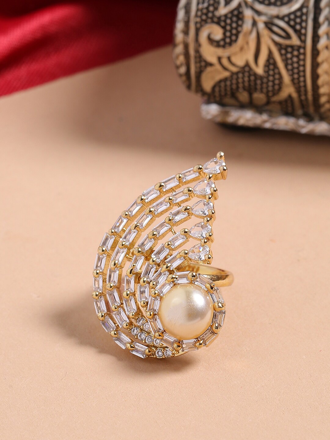 

Shoshaa Gold-Plated White & Beige CZ-Studded Handcrafted Finger Ring