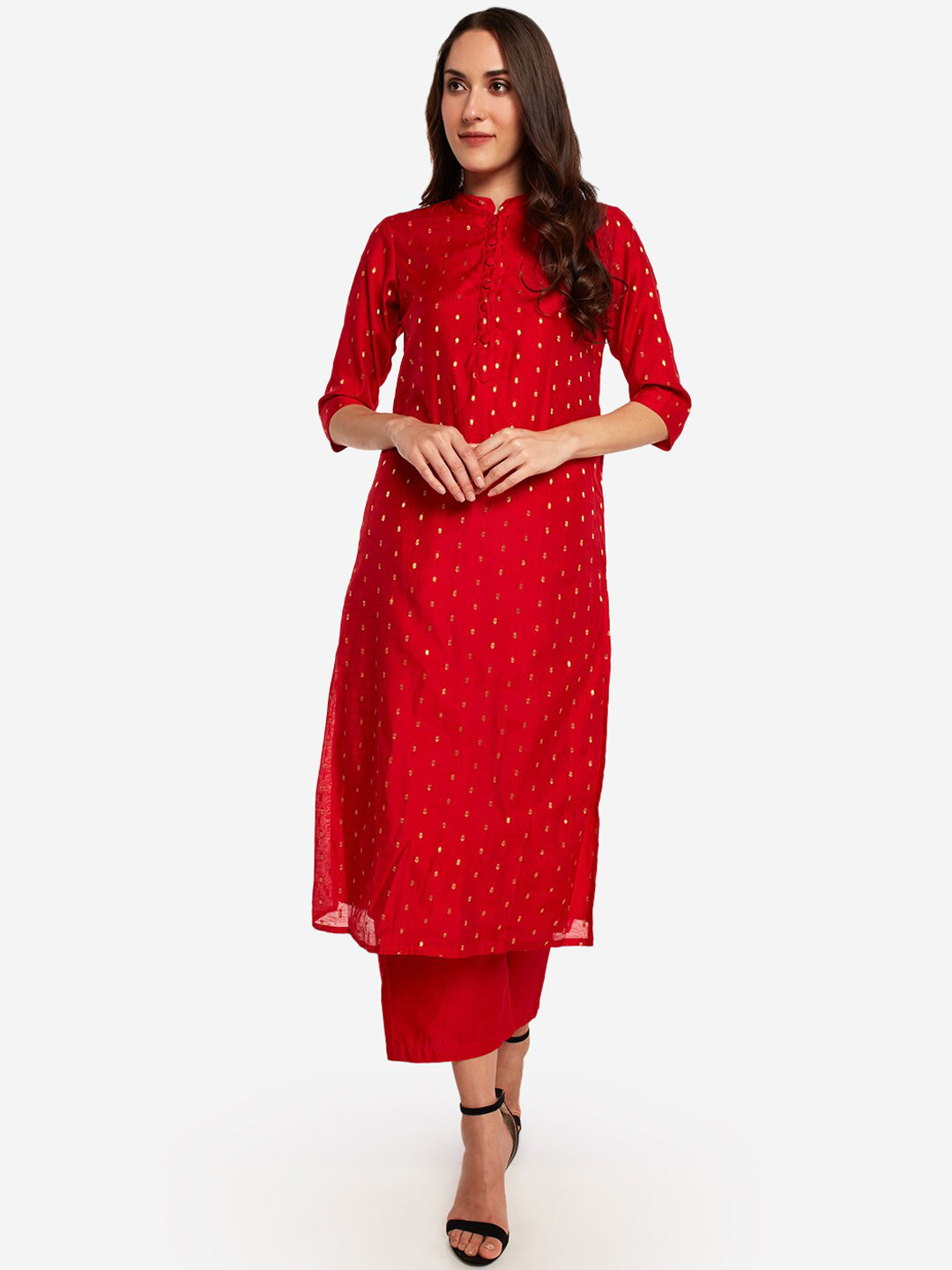 

Desi Weavess Women Red Printed Kurta with Palazzos