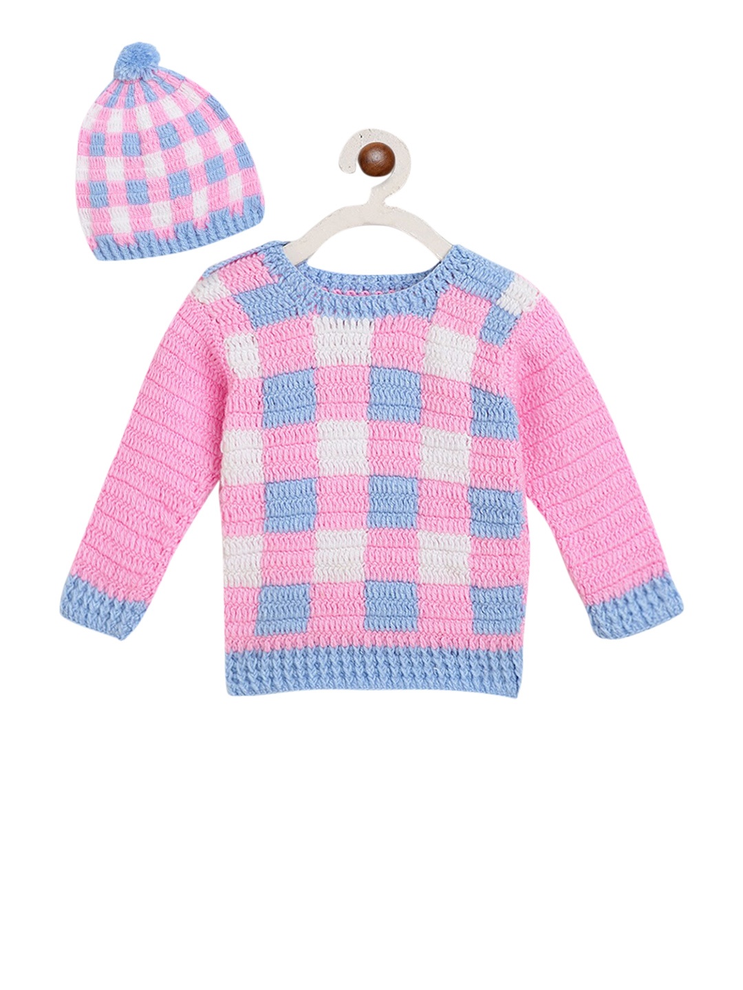

CHUTPUT Unisex Kids Pink Checked Pullover Sweater with Cap