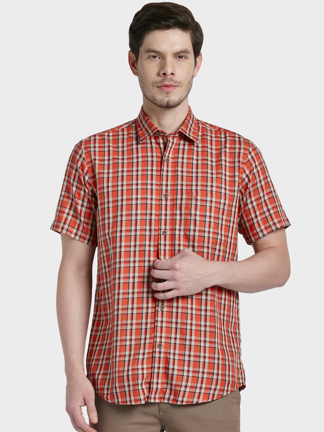

ColorPlus Men Orange & Beige Tailored Fit Checked Casual Shirt