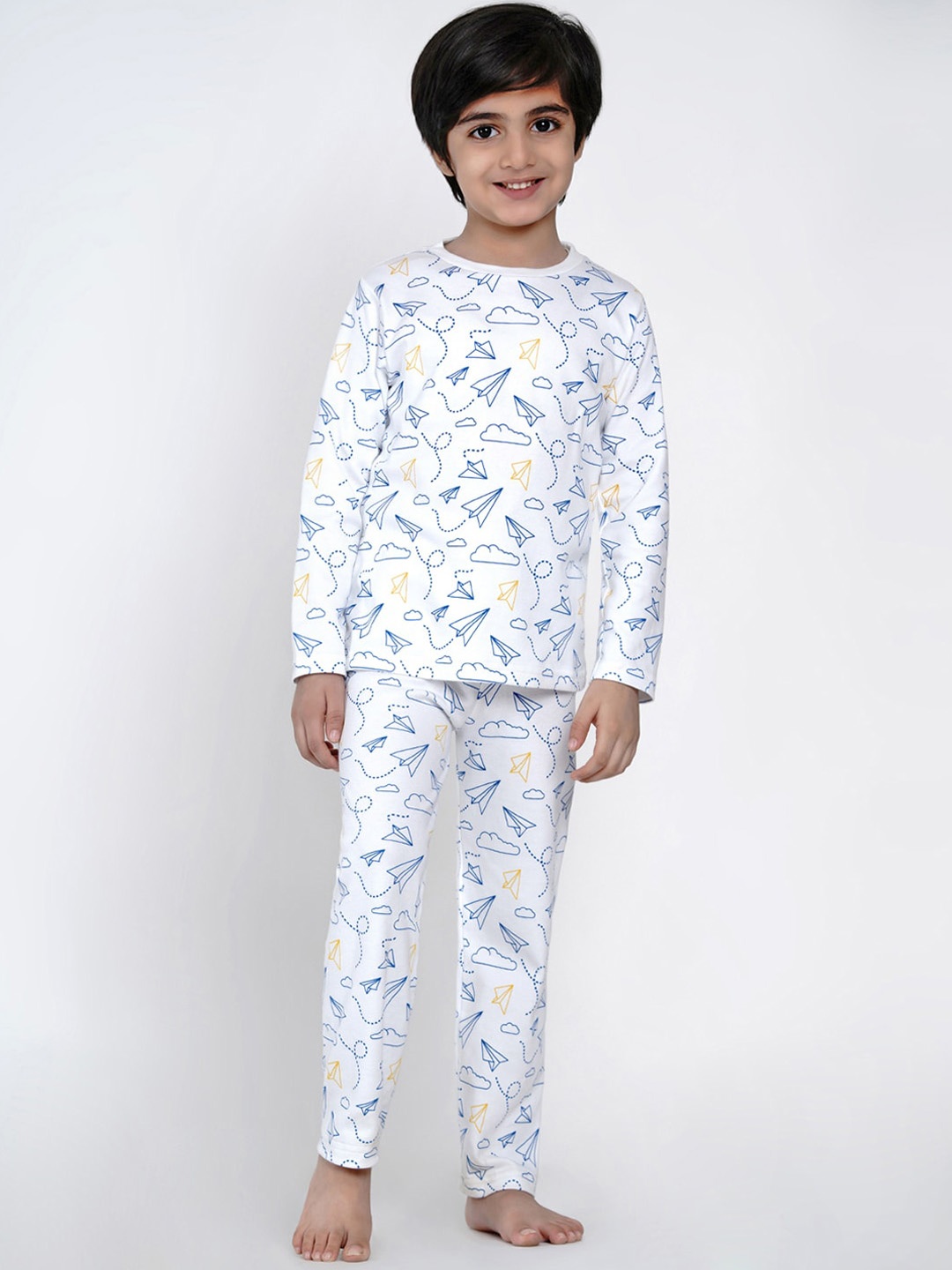 

berrytree Unisex Kids White & Blue Printed Sustainable Night suit