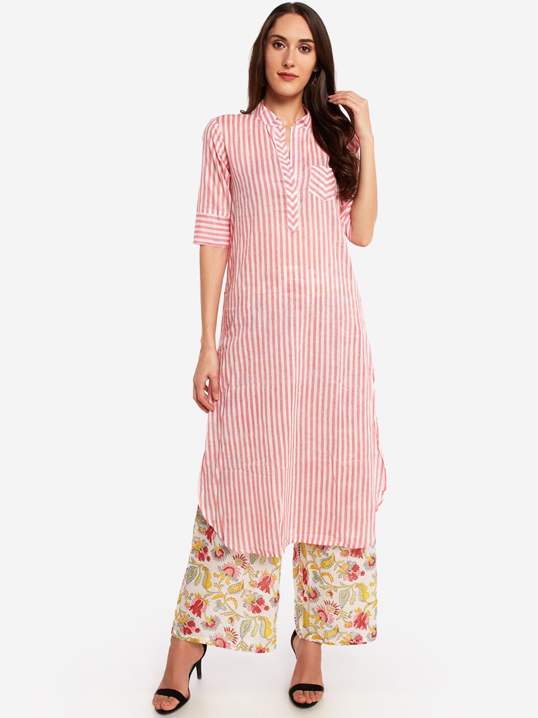 

Desi Weavess Women Pink & Off-White Striped Kurta with Palazzos