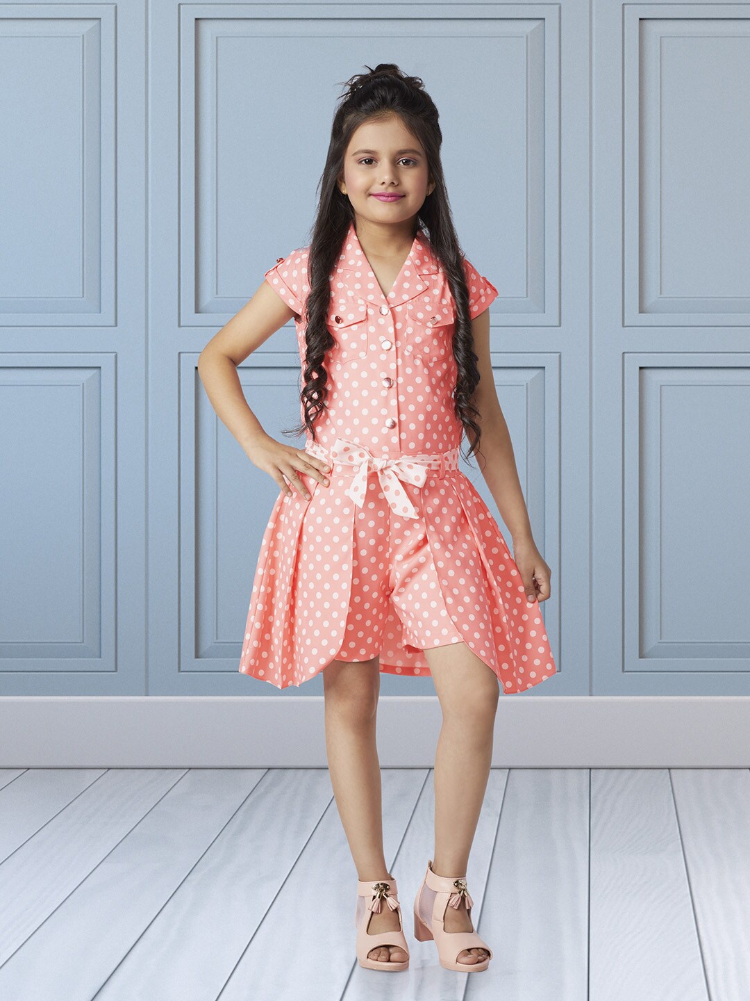 

Peppermint Girls Peach-Coloured & White Printed Playsuit