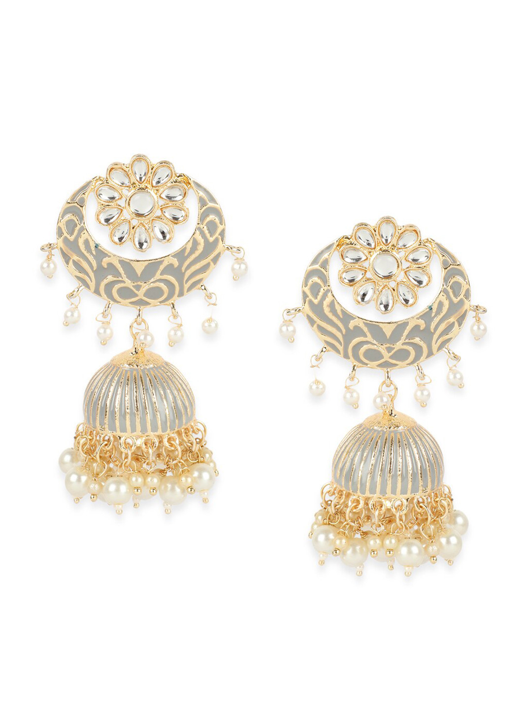

ANIKAS CREATION Grey & Gold-Plated Floral Jhumkas