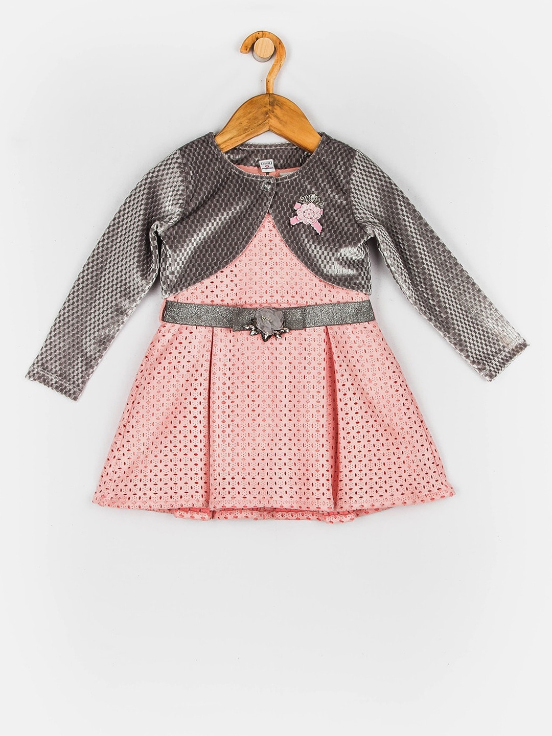 Peppermint Girls Peach-Coloured Self Design Fit and Flare Dress With Shrug
