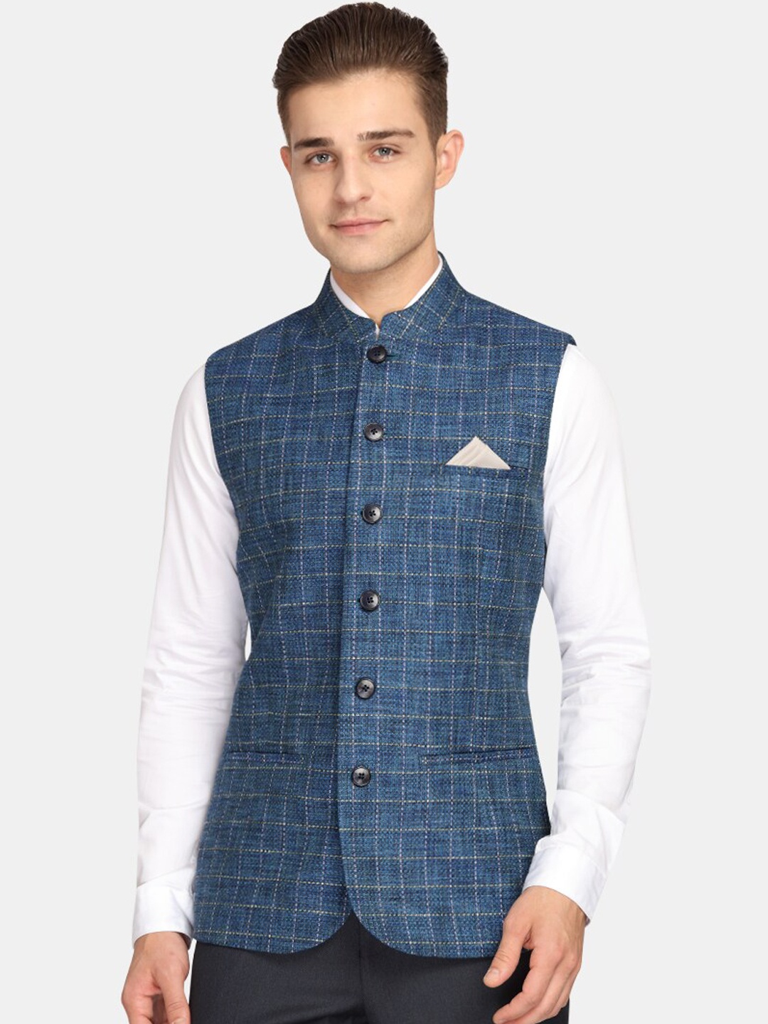 

Theme Men Blue Checked Woven Nehru Jacket