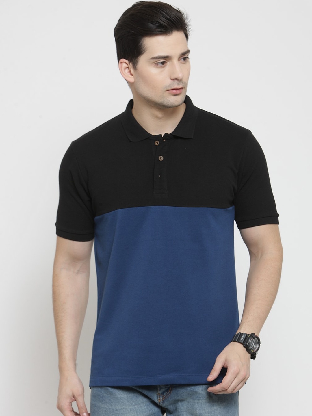 

Kalt Men Blue & Black Colourblocked Polo Collar T-shirt