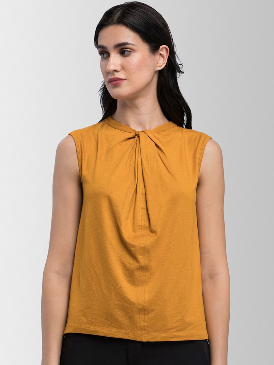 

FableStreet Women Mustard Solid Knitted Top with Twisted Neck Detail