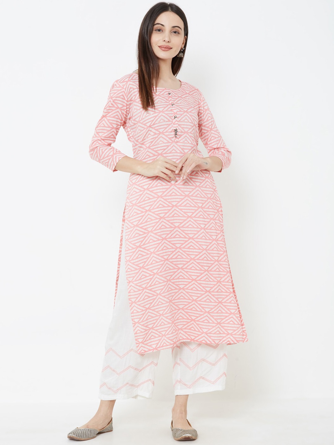 

FASHOR Women Pink & White Printed Kurta with Trousers