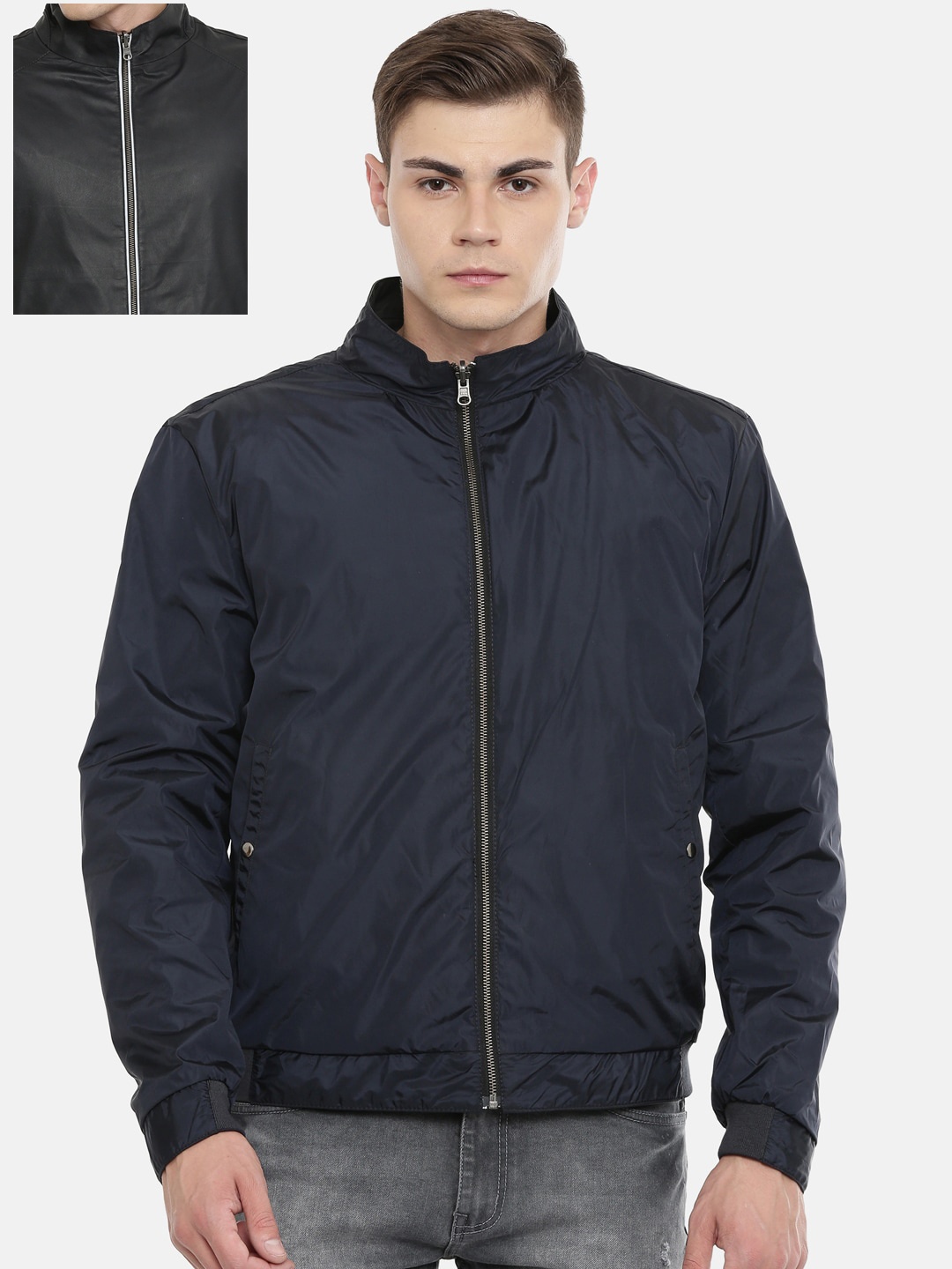 

MONOCHROME Men Black & Navy Blue Reversible Leather Bomber Jacket