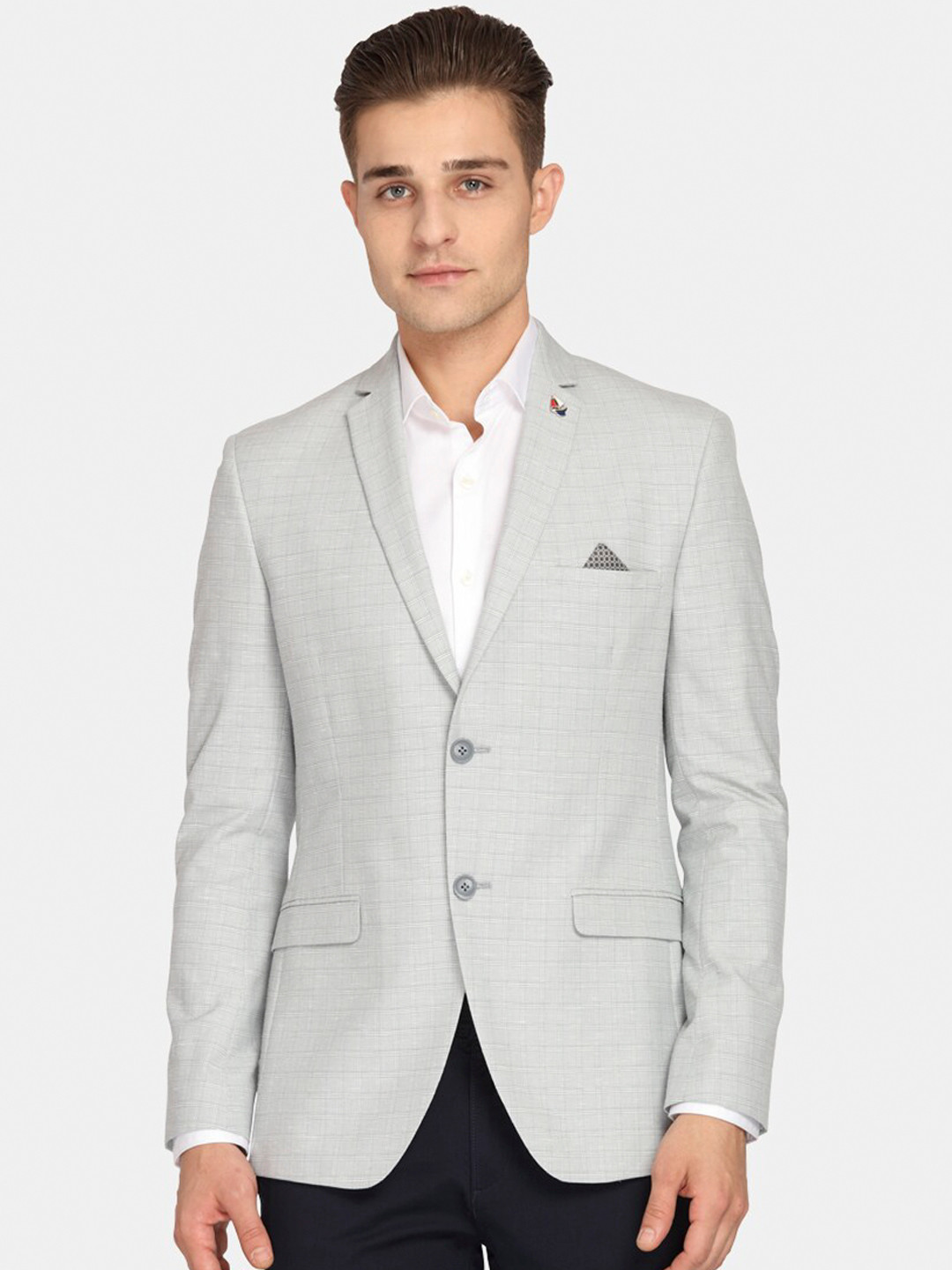 

Theme Men Grey & White Checked Super Slim-Fit Single-Breasted Casual Blazer